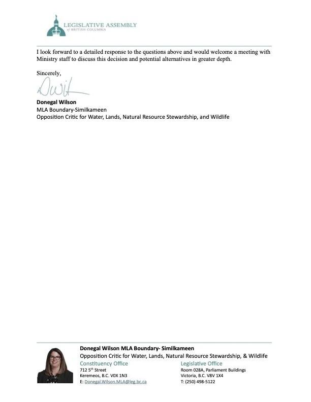 Page 3 of the letter: she asks for a detailed response and a meeting with ministry staff, and signs as MLA for Boundary-Similkameen.