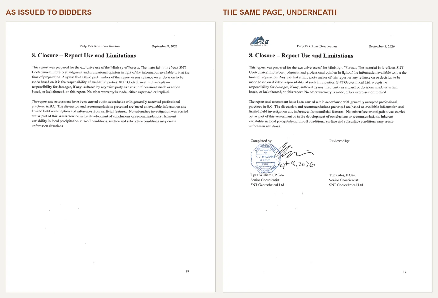 The closure page of the prescription shown twice side by side. On the left, labelled AS ISSUED TO BIDDERS, the page carries the heading 8. Closure &ndash; Report Use and Limitations, two paragraphs of liability text, and is otherwise empty down to the page number 19. On the right, labelled THE SAME PAGE UNDERNEATH, the identical page shows the SNT Geotechnical letterhead at top left and, below the same two paragraphs, a blue professional seal reading R. J. WILLIAMS number 45161, PROVINCE OF BRITISH COLUMBIA, GEOSCIENTIST, a handwritten signature dated Sept 8 2026, and signature blocks for Ryan Williams, P.Geo. and Tim Giles, P.Geo., both Senior Geoscientists at SNT Geotechnical Ltd.