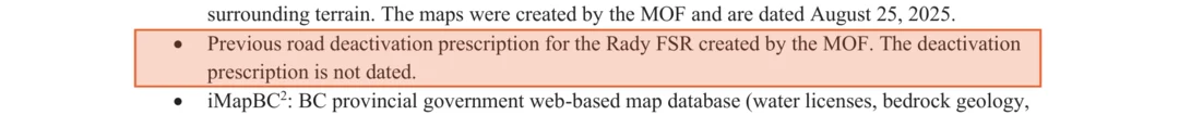 The reference list of the 2026 consultant's report. One bullet reads: Previous road deactivation prescription for the Rady FSR created by the MOF. The deactivation prescription is not dated.