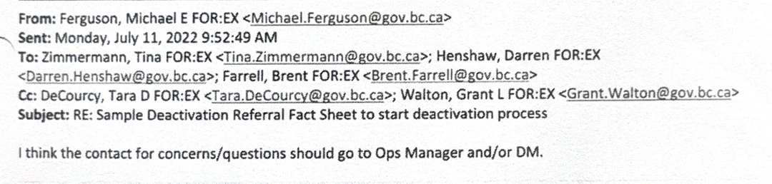 Released page 1361 of the Selkirk district records. The email is from Ferguson, Michael E FOR:EX, sent Monday July 11 2022 at 9:52:49 AM, to Zimmermann, Henshaw and Farrell, copied to DeCourcy and Walton, subject RE: Sample Deactivation Referral Fact Sheet to start deactivation process. The entire body reads: I think the contact for concerns/questions should go to Ops Manager and/or DM.