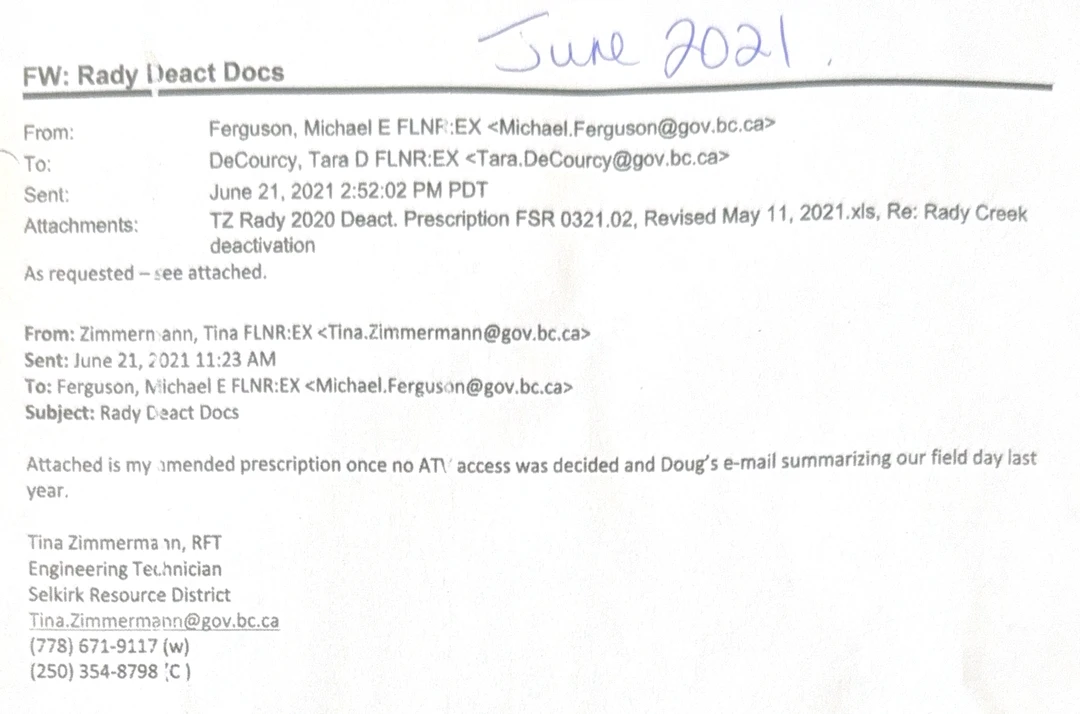 Released page 378 of the Selkirk district records. It shows Michael Ferguson forwarding an email to the District Manager under the subject FW: Rady Deact Docs, with the original message from Tina Zimmermann to Ferguson quoted beneath it. All addresses are gov.bc.ca government addresses.