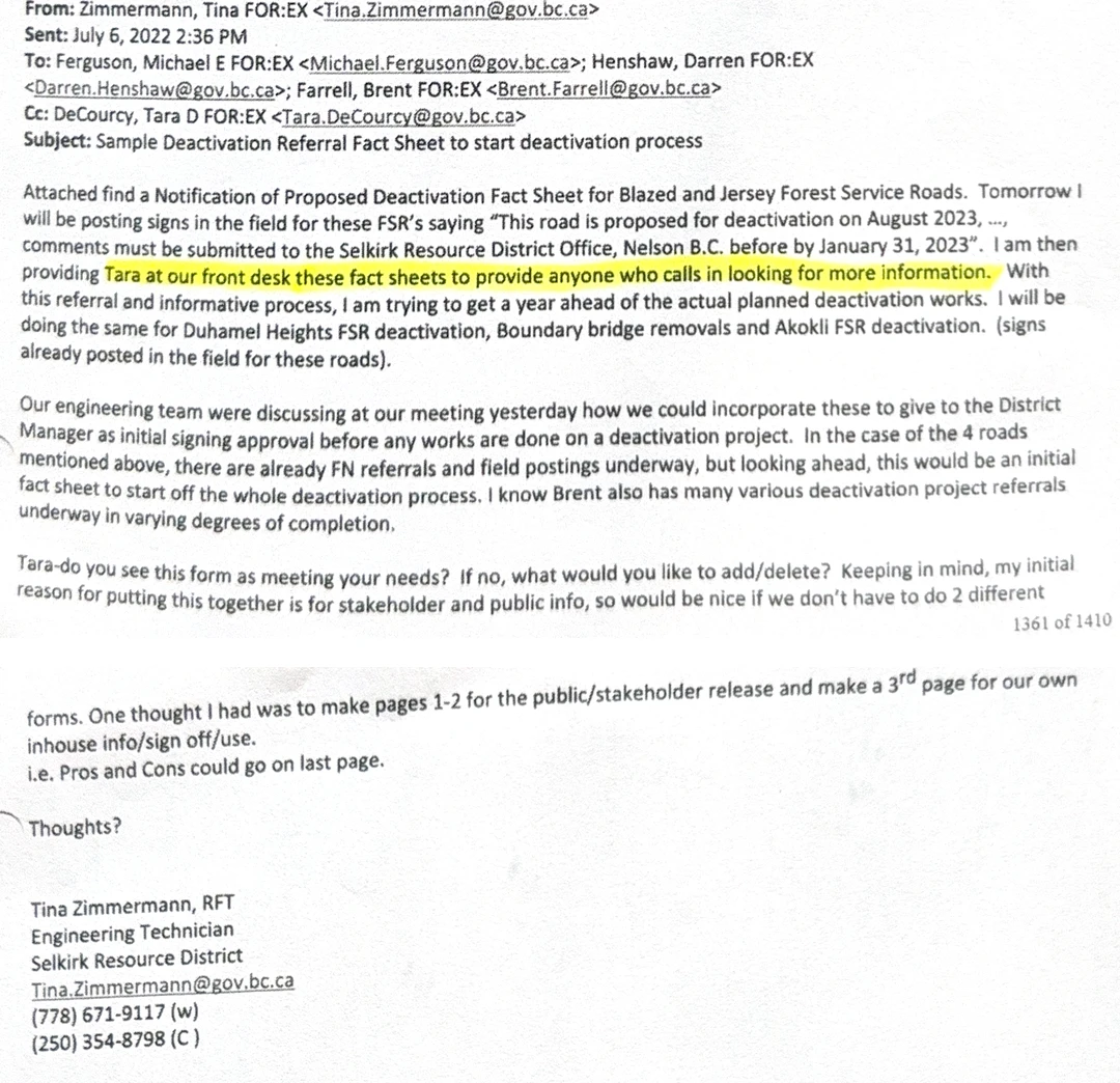 Released pages 1361 and 1362 of the Selkirk district records, shown as two stacked page crops with the page break visible. The email from Tina Zimmermann opens the deactivation referral process, addressed to Michael Ferguson, Darren Henshaw and Brent Farrell, copied to District Manager Tara DeCourcy, under the subject Sample Deactivation Referral Fact Sheet to start deactivation process. A yellow highlight on the original paper marks part of the text.
