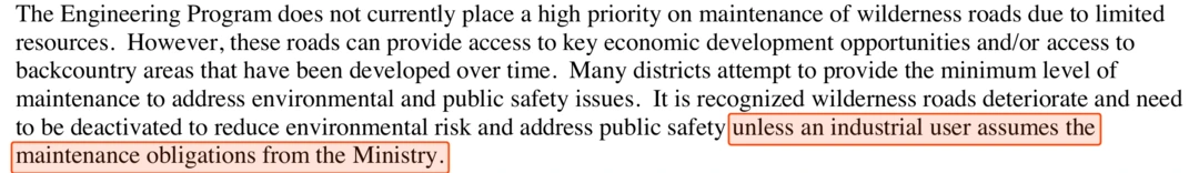 Scan of the Executive Summary of the Engineering Program Funding Policy. It lists funding priorities three and four as high value recreation sites and legislative requirements, then states that the Engineering Program does not currently place a high priority on maintenance of wilderness roads due to limited resources, and that it is recognized wilderness roads deteriorate and need to be deactivated to reduce environmental risk and address public safety unless an industrial user assumes the maintenance obligations from the Ministry.