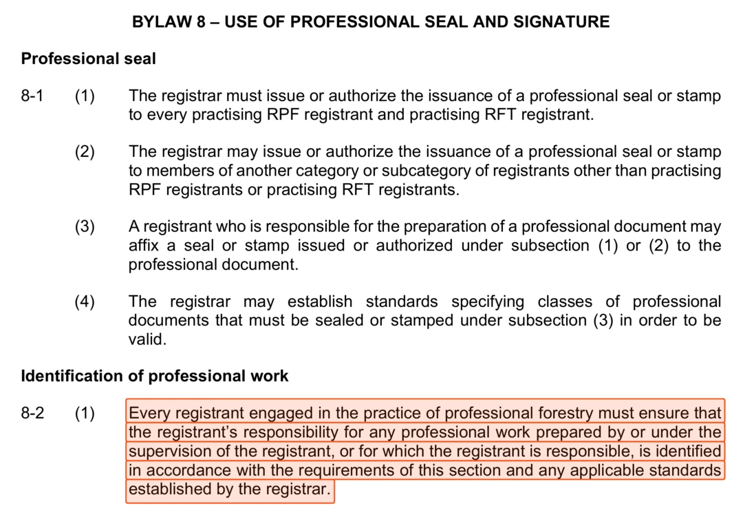 Scan of page 55 of the Forest Professionals BC bylaws with two passages highlighted. Clause 8-1(3) provides that a registrant may affix a professional seal to a professional document. Clause 8-2 requires that a registrant ensure their responsibility for professional work is identified, confirming identity, professional designation, signature and date.