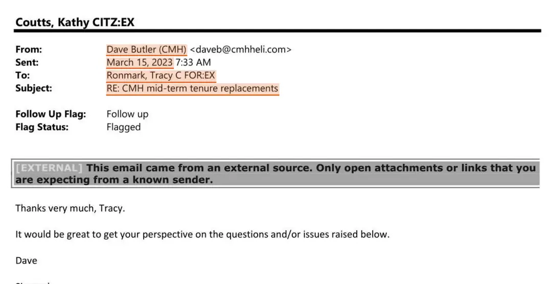 Email header released at page 1 of FOR-2023-31283. From: Dave Butler (CMH). Sent: March 15, 2023, 7:33 AM. To: Ronmark, Tracy C FOR:EX. Subject: RE: CMH mid-term tenure replacements. The sender, date, recipient and subject line are highlighted. Below an external-sender banner the message reads: Thanks very much, Tracy. It would be great to get your perspective on the questions and/or issues raised below. Dave.