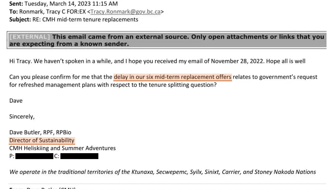 Email released at page 2 of FOR-2023-31283, sent Tuesday, March 14, 2023 at 11:15 AM to Ronmark, Tracy C at the Ministry of Forests, subject RE: CMH mid-term tenure replacements. The message reads: Hi Tracy. We haven't spoken in a while, and I hope you received my email of November 28, 2022. Hope all is well. Can you please confirm for me that the delay in our six mid-term replacement offers relates to government's request for refreshed management plans with respect to the tenure splitting question? The phrase delay in our six mid-term replacement offers is highlighted, as is the signature line Director of Sustainability. The signature reads Dave Butler, RPF, RPBio, Director of Sustainability, CMH Heliskiing and Summer Adventures, with telephone numbers blacked out.