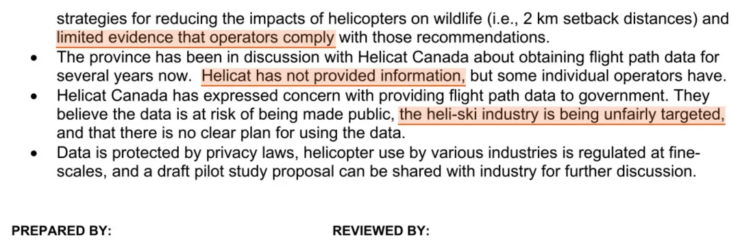 Excerpt from page 2 of the ministerial meeting note WLR-2024-41783 of 16 May 2024. It records limited evidence that operators comply with recommended setback distances; that the province has been in discussion with HeliCat Canada about obtaining flight path data for several years and that HeliCat has not provided information while some individual operators have; and that HeliCat Canada has expressed concern about providing flight path data, believing the data is at risk of being made public, the heli-ski industry is being unfairly targeted, and that there is no clear plan for using the data.