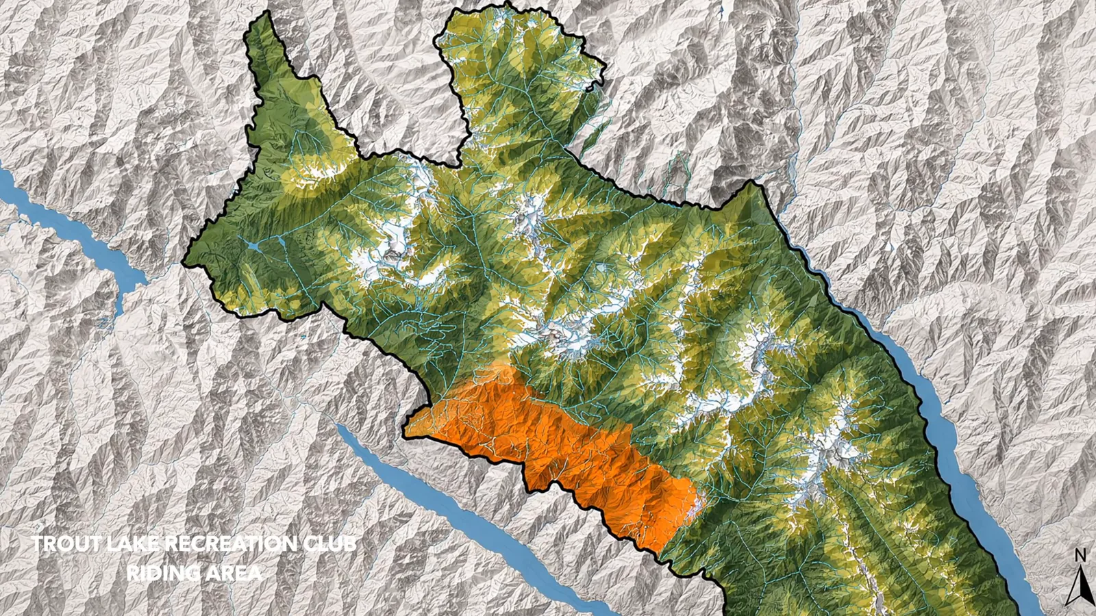 A shaded-relief map captioned Trout Lake Recreation Club Riding Area. A single black outline encloses a large area of mountain terrain shaded green, running from lakes on the west across ridges and icefields to a valley on the east. Inside the lower left of that outline a much smaller wedge is shaded bright orange. There is no legend and no trail is named. A north arrow sits at the lower right.