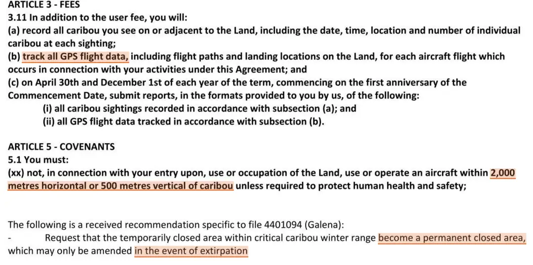 Excerpt from the Ministry of Forests letter to CMH of 17 February 2022, released at pages 84 to 85 of FOR-2023-31283. Article 3 clause 3.11 requires the tenure holder to record all caribou seen on or adjacent to the Land, to track all GPS flight data including flight paths and landing locations, and to submit reports on 30 April and 1 December each year. Article 5 clause 5.1 requires the holder not to operate an aircraft within 2,000 metres horizontal or 500 metres vertical of caribou unless required to protect human health and safety. A closing paragraph records a recommendation specific to file 4401094, Galena, that the temporarily closed area within critical caribou winter range become a permanent closed area which may only be amended in the event of extirpation. Four passages are highlighted.