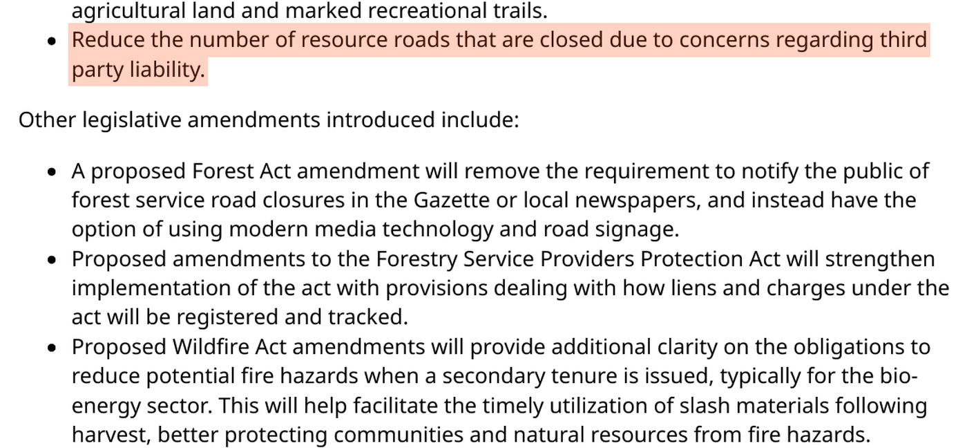 The Province&rsquo;s information bulletin of 7 March 2012, listing the purposes of the proposed Occupiers Liability Act amendments. The line reduce the number of resource roads that are closed due to concerns regarding third party liability is highlighted.