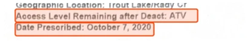 The header of the 2020 prescription, boxed: Access Level Remaining after Deact: ATV, and Date Prescribed: October 7, 2020.