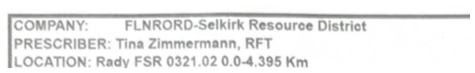 The header of the 2020 prescription: Company FLNRORD-Selkirk Resource District; Prescriber Tina Zimmermann, RFT; Location Rady FSR 0321.02.