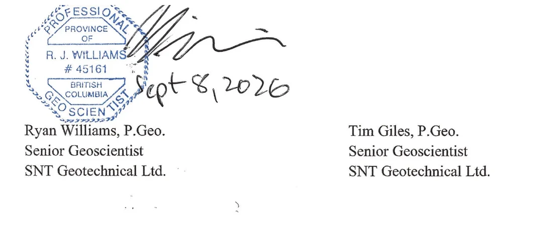 The recovered seal and signature on the 2026 report: R. J. Williams, professional geoscientist, signed and dated Sept 8, 2026.