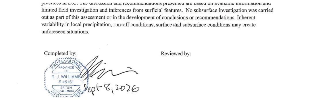 The same page underneath: the geoscientist’s seal, a signature dated Sept 8, 2026, and the reviewer’s name.
