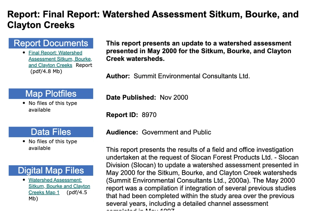 Catalogue entry from the British Columbia Aquatic Report Catalogue, EcoCat. Report: Final Report: Watershed Assessment Sitkum, Bourke, and Clayton Creeks. Report Documents lists a single PDF of 4.8 megabytes; Map Plotfiles and Data Files say no files of this type available; Digital Map Files lists Watershed Assessment Sitkum, Bourke and Clayton Creeks Map 1. Author: Summit Environmental Consultants Ltd. Date Published: Nov 2000. Report ID: 8970. Audience: Government and Public. The description records that the report presents the results of a field and office investigation undertaken at the request of Slocan Forest Products Ltd., Slocan Division, to update a watershed assessment presented in May 2000.