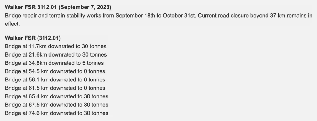 Two entries from the archived Prince George district road safety page of 28 September 2023. The first is headed Walker FSR 3112.01, September 7, 2023, and reads: bridge repair and terrain stability works from September 18th to October 31st; current road closure beyond 37 km remains in effect. The second is the Walker FSR bridge list: 11.7 km downrated to 30 tonnes; 21.6 km to 30 tonnes; 34.8 km to 5 tonnes; 54.5 km to 0 tonnes; 56.1 km to 0 tonnes; 61.5 km to 0 tonnes; 65.4 km to 30 tonnes; 67.5 km to 30 tonnes; and 74.6 km to 30 tonnes.