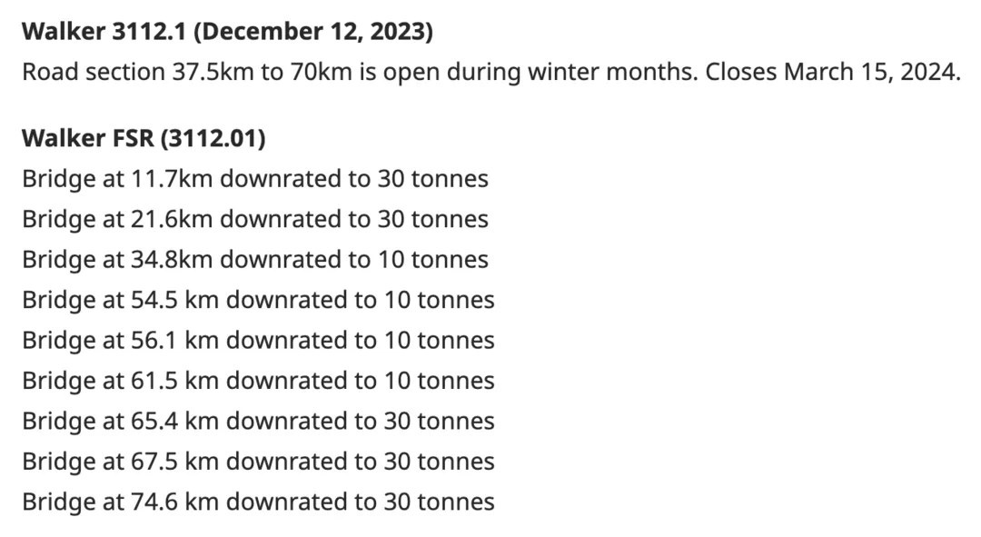 Two entries from the archived Prince George district road safety page of 12 March 2024. The first is headed Walker 3112.1, December 12, 2023, and reads: road section 37.5 km to 70 km is open during winter months; closes March 15, 2024. The second is the Walker FSR bridge list: 11.7 km downrated to 30 tonnes; 21.6 km to 30 tonnes; 34.8 km to 10 tonnes; 54.5 km to 10 tonnes; 56.1 km to 10 tonnes; 61.5 km to 10 tonnes; 65.4 km to 30 tonnes; 67.5 km to 30 tonnes; and 74.6 km to 30 tonnes.