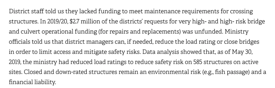 A paragraph from page 35 of the Auditor General report Management of Forest Service Roads. District staff told the auditors they lacked funding to meet maintenance requirements for crossing structures. In 2019 and 2020, $2.7 million of the districts' requests for very high and high risk bridge and culvert operational funding, for repairs and replacements, was unfunded. Ministry officials told the auditors that district managers can, if needed, reduce the load rating or close bridges in order to limit access and mitigate safety risks. As of May 30, 2019, the ministry had reduced load ratings to reduce safety risk on 585 structures on active sites. Closed and down-rated structures remain an environmental risk, for example to fish passage, and a financial liability.