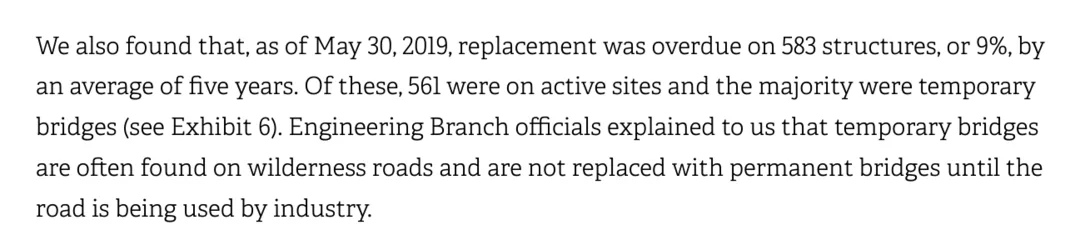A paragraph from page 35 of the Auditor General report. As of May 30, 2019, replacement was overdue on 583 structures, or 9 per cent, by an average of five years. Of these, 561 were on active sites and the majority were temporary bridges. Engineering Branch officials explained that temporary bridges are often found on wilderness roads and are not replaced with permanent bridges until the road is being used by industry.