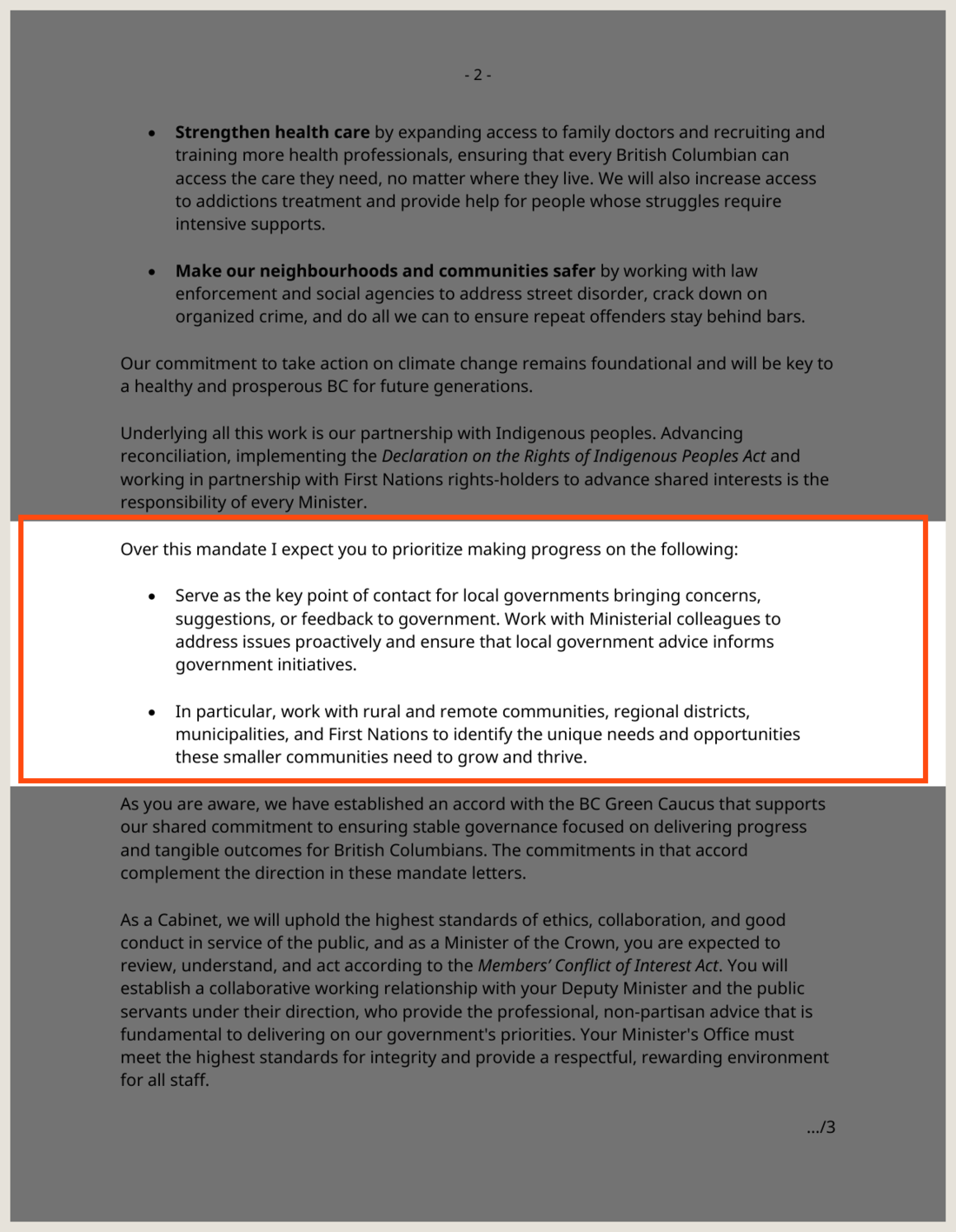 Page two of Brittny Anderson&rsquo;s mandate letter, dimmed except for one passage ruled in orange. The passage reads: Over this mandate I expect you to prioritize making progress on the following, then two bullets. The first asks her to serve as the key point of contact for local governments. The second asks her to work with rural and remote communities, regional districts, municipalities and First Nations to identify the unique needs and opportunities these smaller communities need to grow and thrive. Neither mentions roads, recreation, trails or tourism.