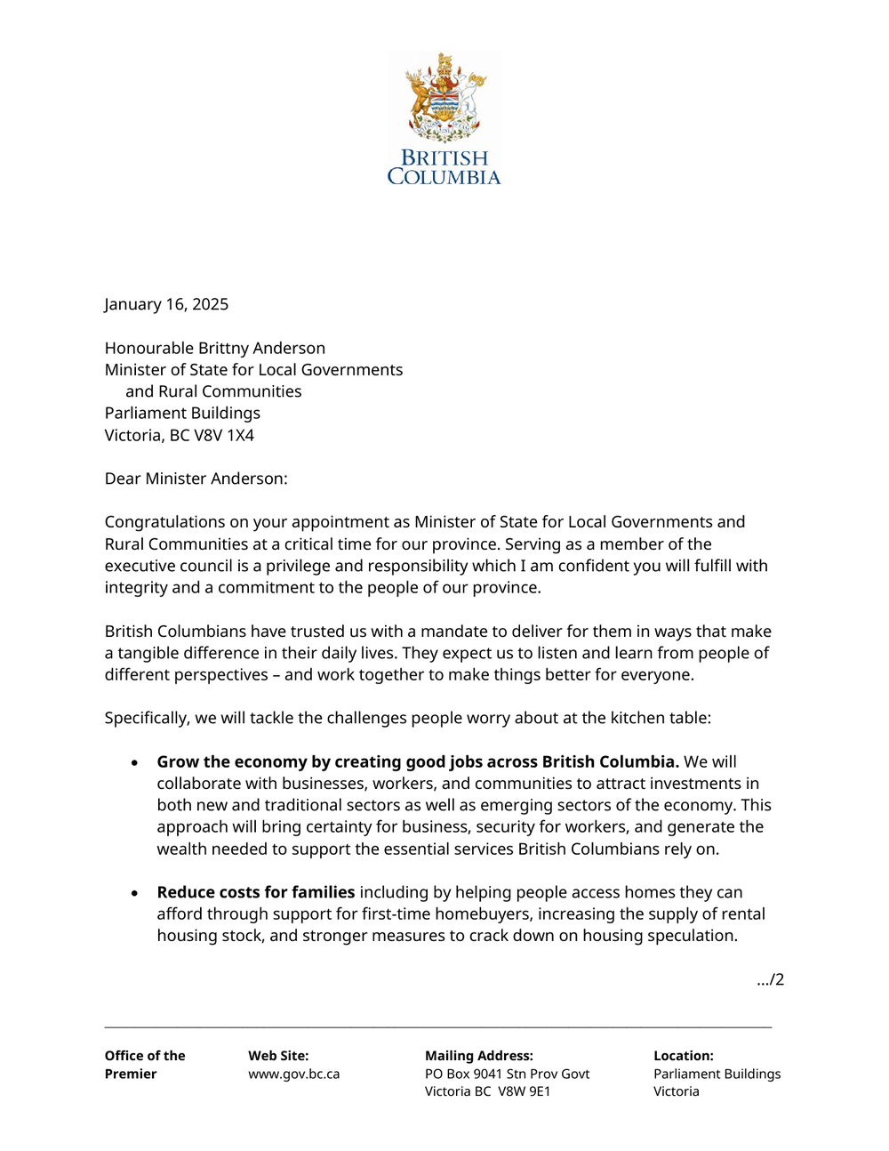 Page 1 of the mandate letter