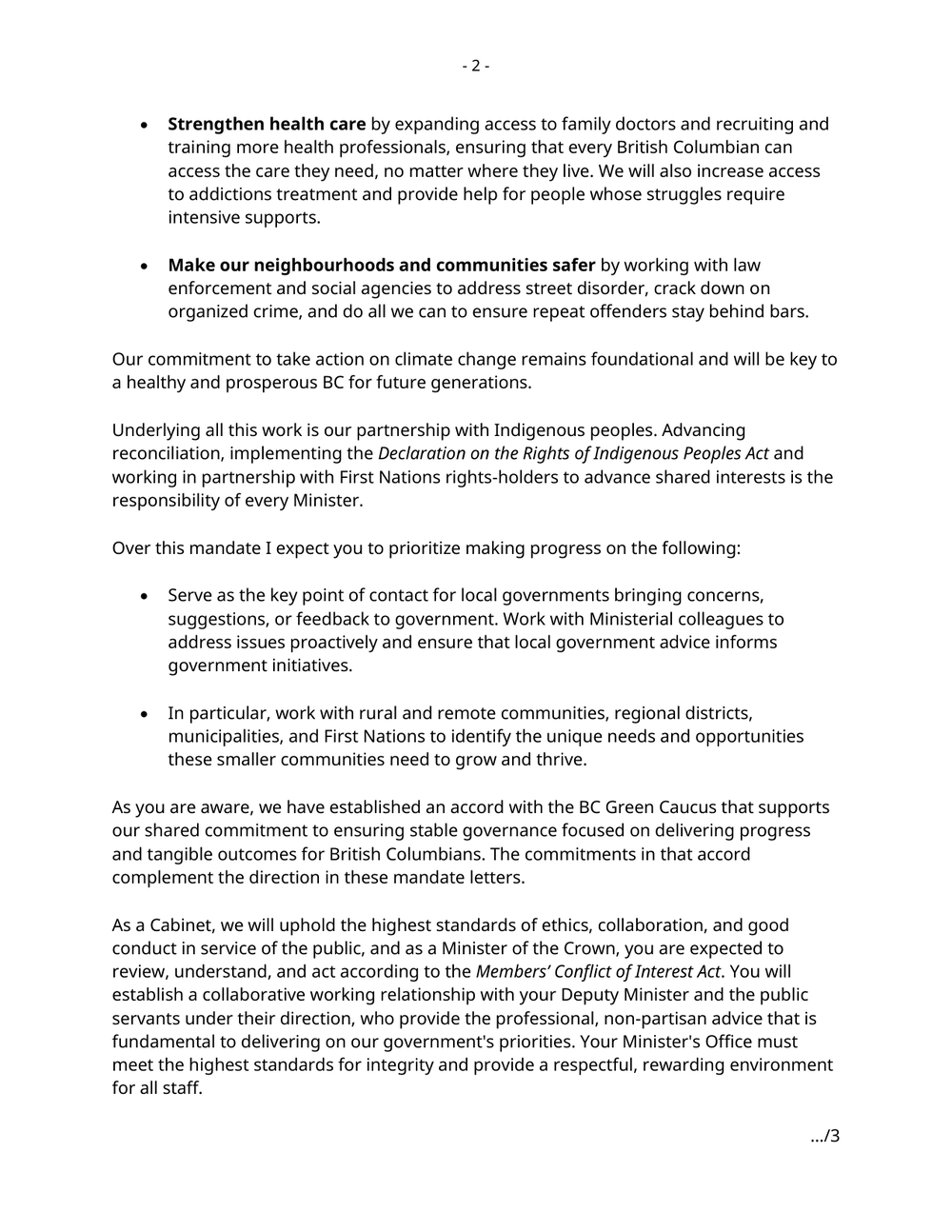 Page 2 of the mandate letter, carrying the two priorities