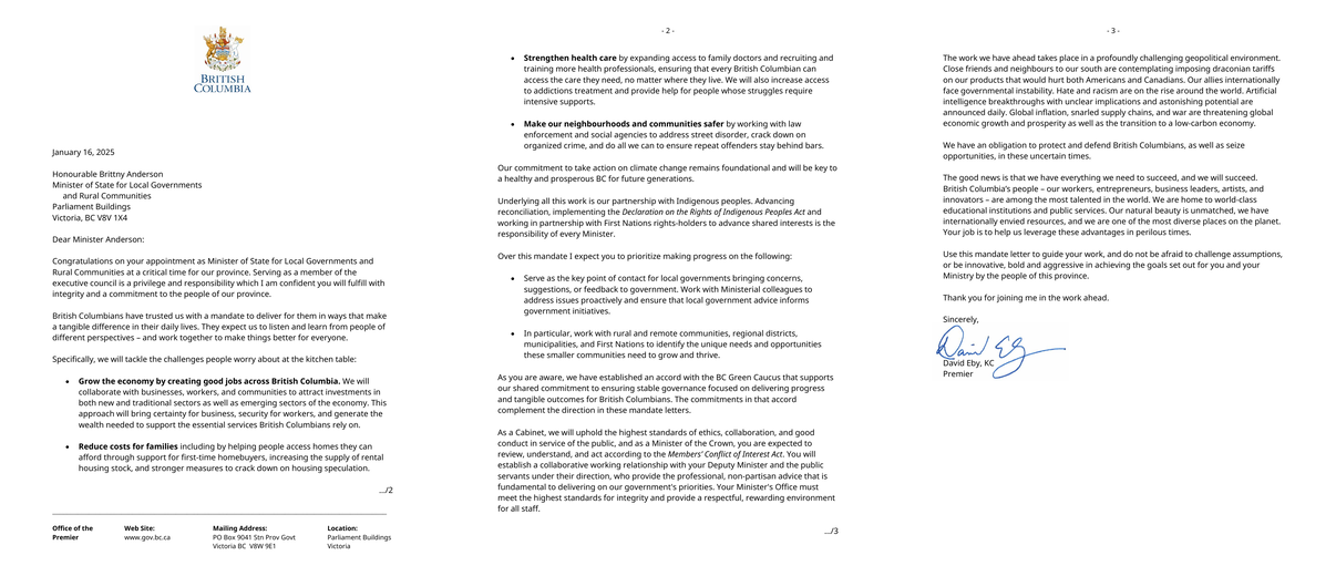 All three pages of the mandate letter side by side: an address block and standing priorities on page one, the two specific priorities on page two, and a short closing page.
