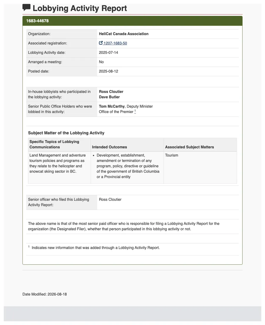 Screenshot of the public registry page for Lobbying Activity Report 1683-44678.