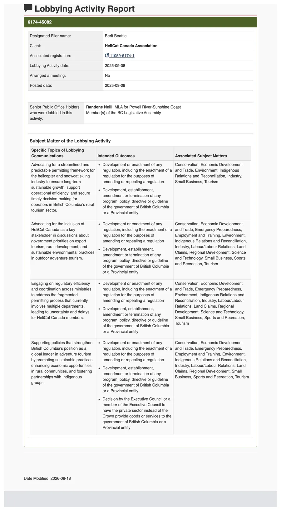 Screenshot of the public registry page for Lobbying Activity Report 6174-45082.