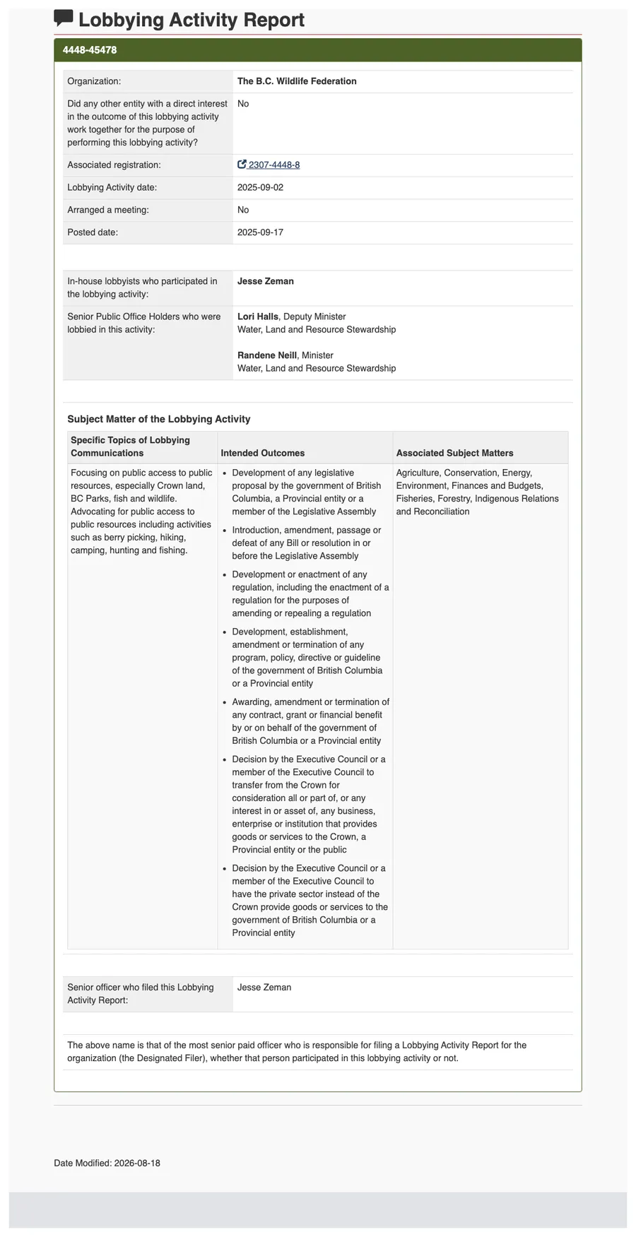 Screenshot of the public registry page for Lobbying Activity Report 4448-45478.