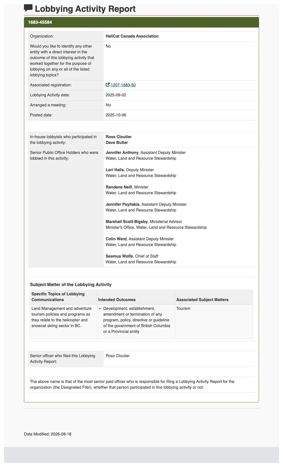 Screenshot of the public registry page for Lobbying Activity Report 1683-45584.