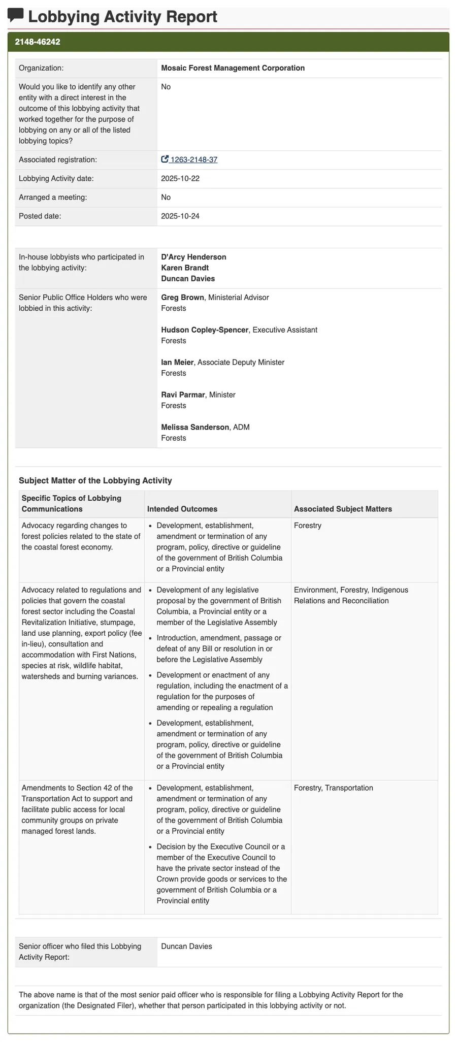 Screenshot of the public registry page for Lobbying Activity Report 2148-46242.
