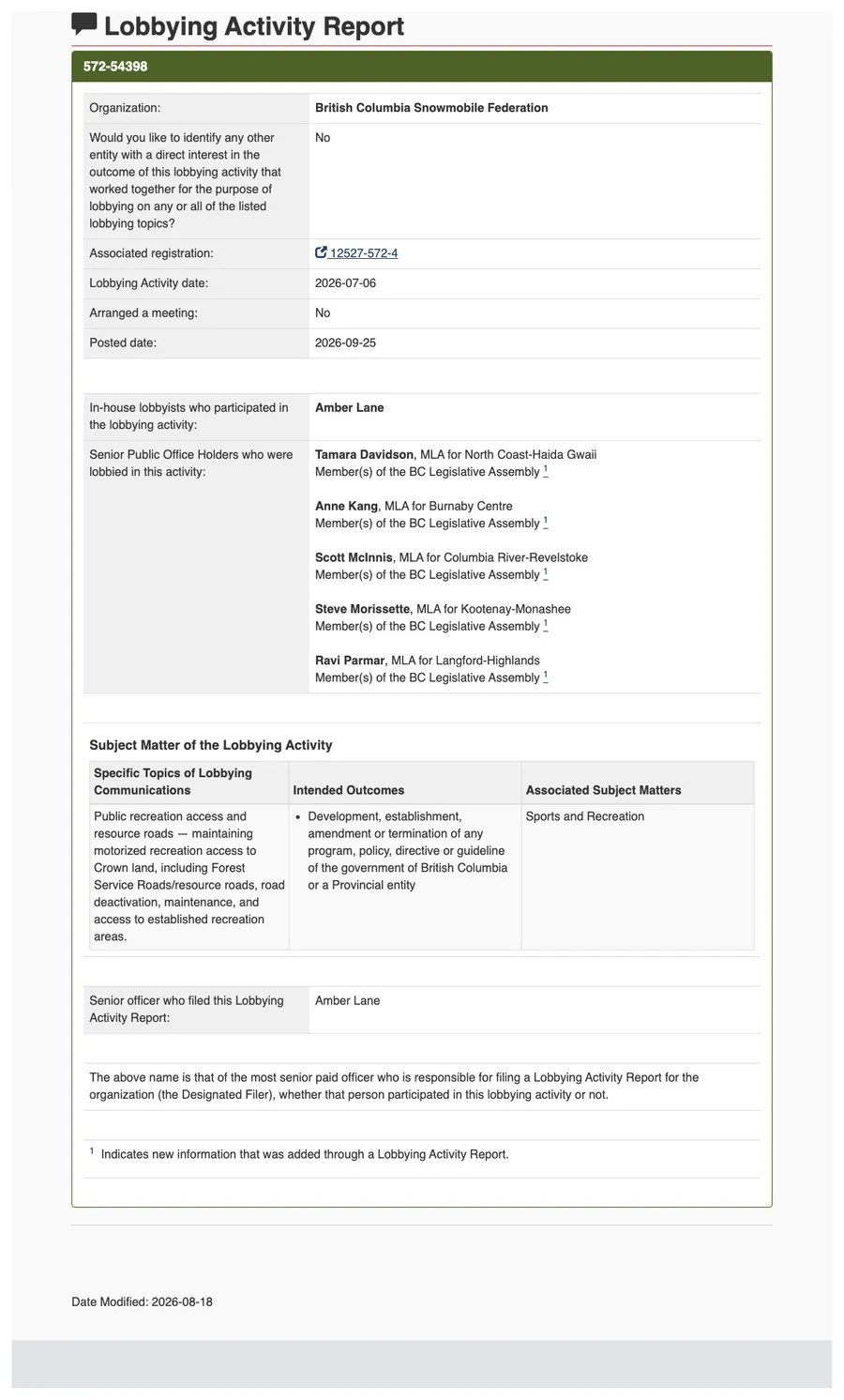 Screenshot of the public registry page for Lobbying Activity Report 572-54398.