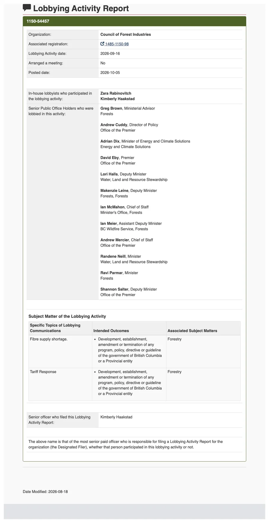 Screenshot of the public registry page for Lobbying Activity Report 1150-54457.