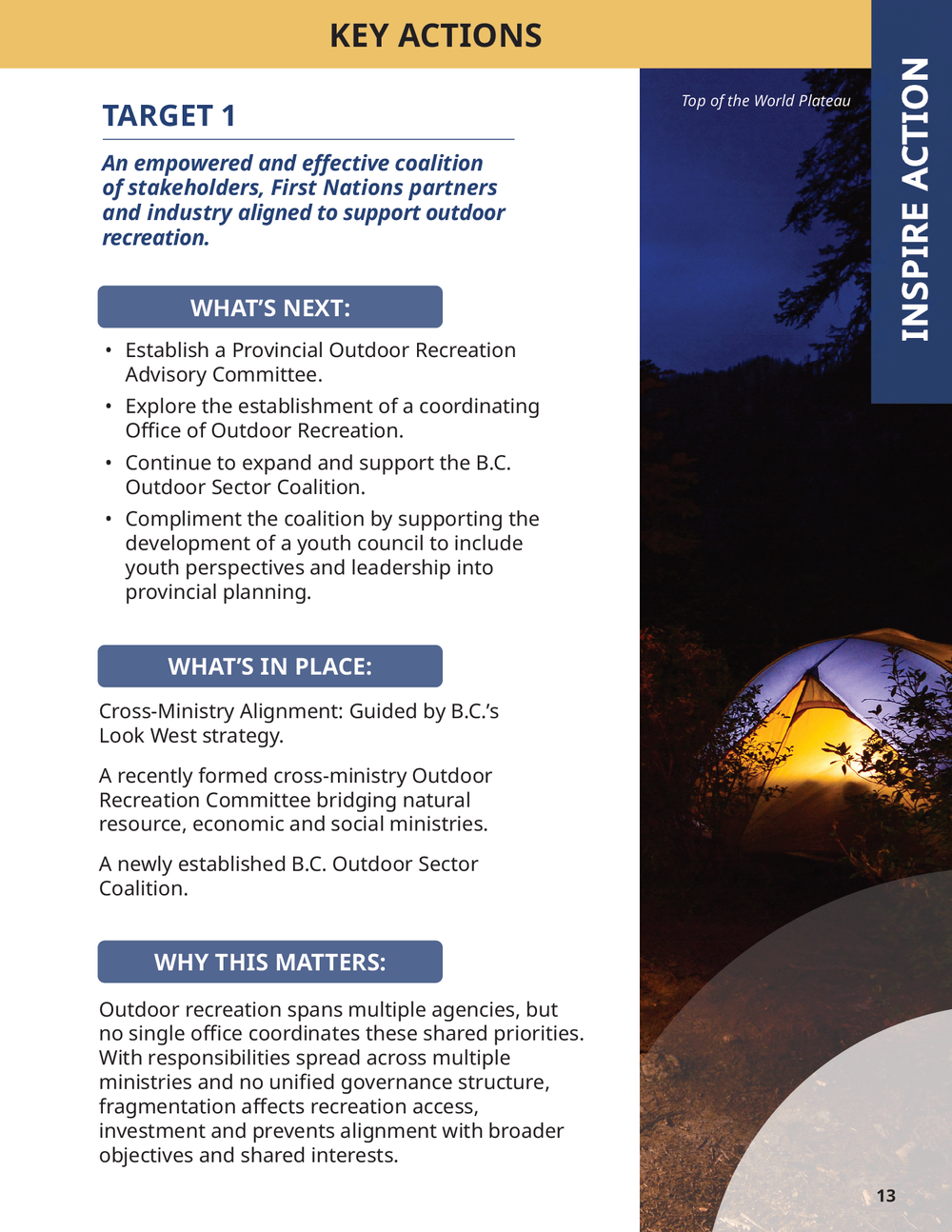 Page 13 of B.C.'s Outdoor Recreation Strategy, showing Target 1 with three boxes headed What's next, What's in place and Why this matters, and Target 3 below it with only two.