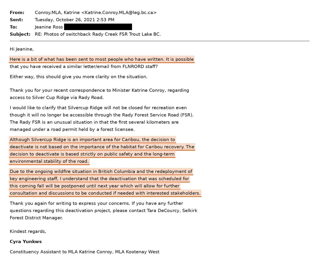 Email from the constituency office of the Hon. Katrine Conroy, MLA, 26 October 2021, relaying ministry text to a constituent. It repeats that deactivation on the Rady FSR was prescribed by a professional engineer and that Selkirk District engineering staff consulted with the prescribing engineer.