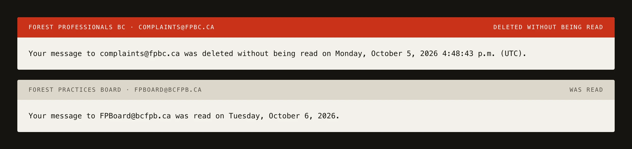 Two delivery receipts from two different organisations. Forest Professionals BC, complaints@fpbc.ca: your message was deleted without being read on Monday, October 5, 2026. Forest Practices Board, FPBoard@bcfpb.ca: your message was read on Tuesday, October 6, 2026.