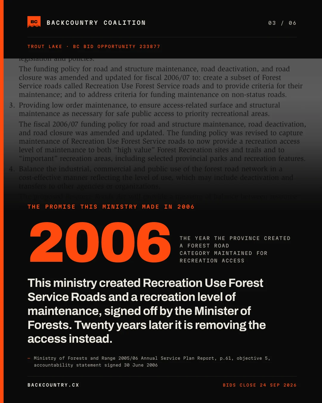 Slide 3 of 6, kicker SIGNED BY THE MINISTER OF FORESTS AND RANGE. 2006 at full width: the year the Province created a forest road category maintained for recreation access. The Ministry amended its road funding policy to create Recreation Use Forest Service roads and to “now provide a recreation access level of maintenance” to high-value recreation sites, trails and areas. Twenty years on, nothing released shows it was ever offered here. Sourced to the Ministry of Forests and Range 2005/06 Annual Service Plan Report, page 61, objective 5, accountability statement signed 30 June 2006.