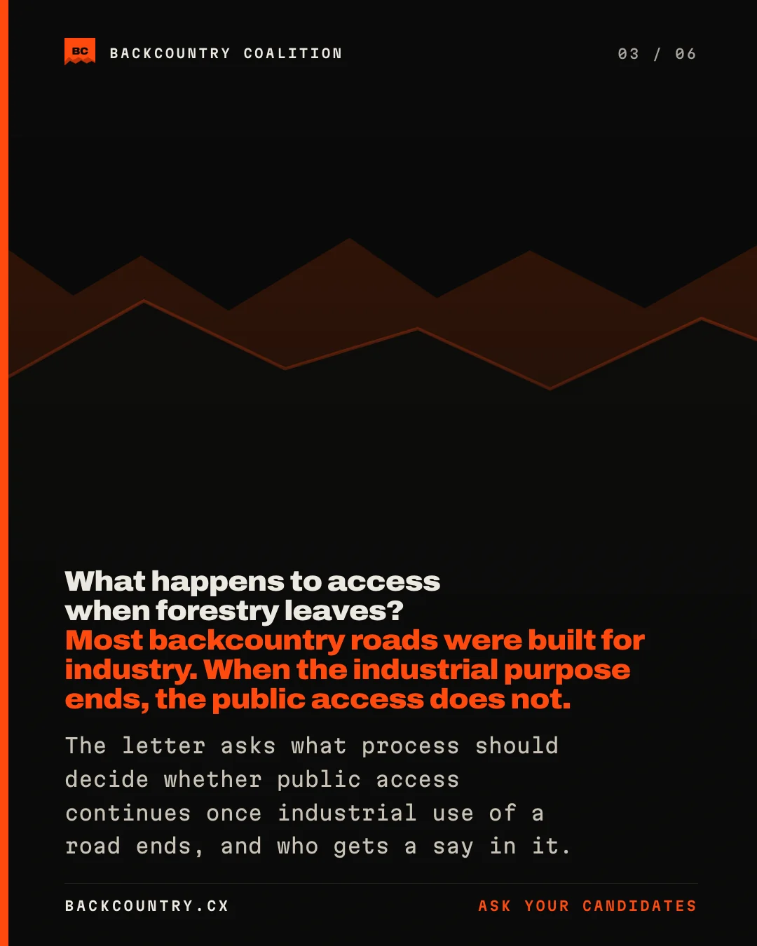 Slide 3 of 6. The ridge motif on near-black. What happens to access when forestry leaves? Most backcountry roads were built for industry. When the industrial purpose ends, the public access does not. The letter asks what process should decide whether public access continues once industrial use of a road ends, and who gets a say in it.
