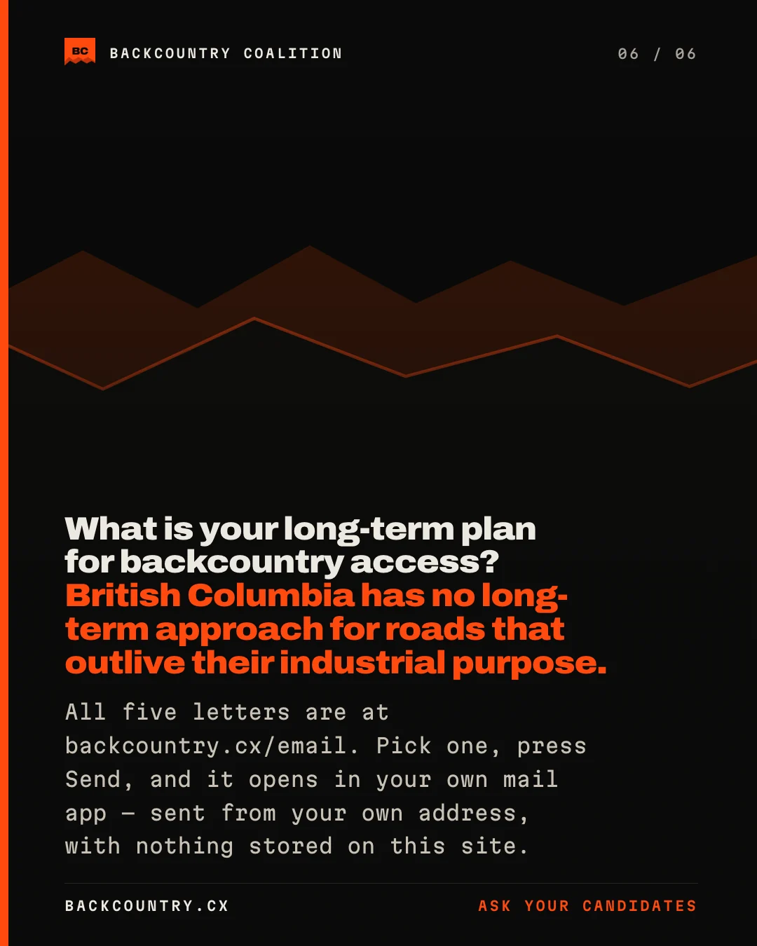 Slide 6 of 6. The ridge motif on near-black. What is your long-term plan for backcountry access? British Columbia has no long-term approach for roads that outlive their industrial purpose. All five letters are at backcountry.cx/email. Pick one, press Send, and it opens in your own mail app &mdash; sent from your own address, with nothing stored on this site.