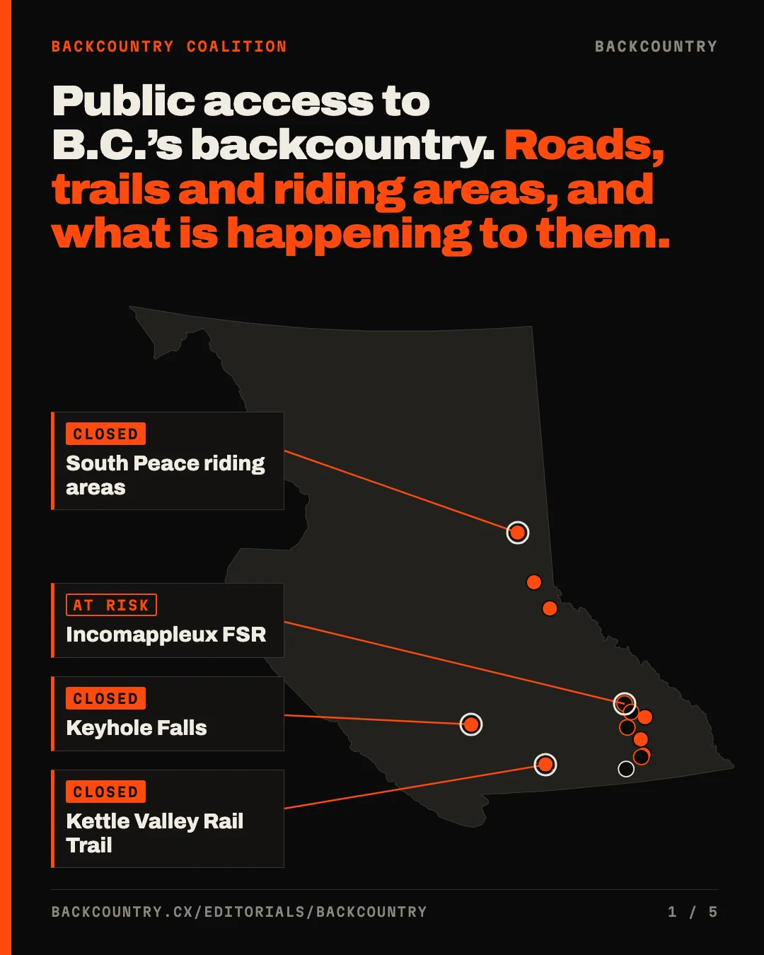 Slide 1 of 5. Headline: Public access to B.C.'s backcountry. Roads, trails and riding areas, and what is happening to them. Below, a map of British Columbia with a dot on each road, trail and riding area in our reporting, and one labelled place in each region: South Peace riding areas, closed; Keyhole Falls, closed; Kettle Valley Rail Trail, closed; Incomappleux FSR, at risk.
