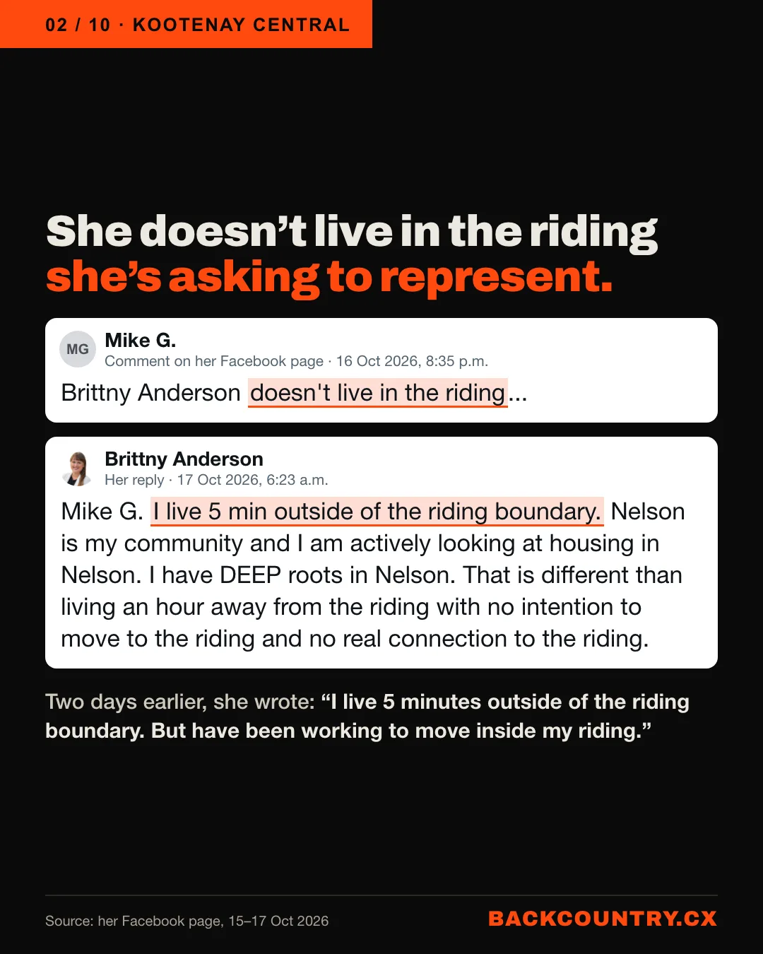 Slide 2 of 10. She doesn’t live in the riding she’s asking to represent. Mike G. commented on her Facebook page on 16 October: Brittny Anderson doesn’t live in the riding... Her reply the next morning: I live 5 min outside of the riding boundary. Nelson is my community and I am actively looking at housing in Nelson. On 15 October she wrote: I live 5 minutes outside of the riding boundary. But have been working to move inside my riding.