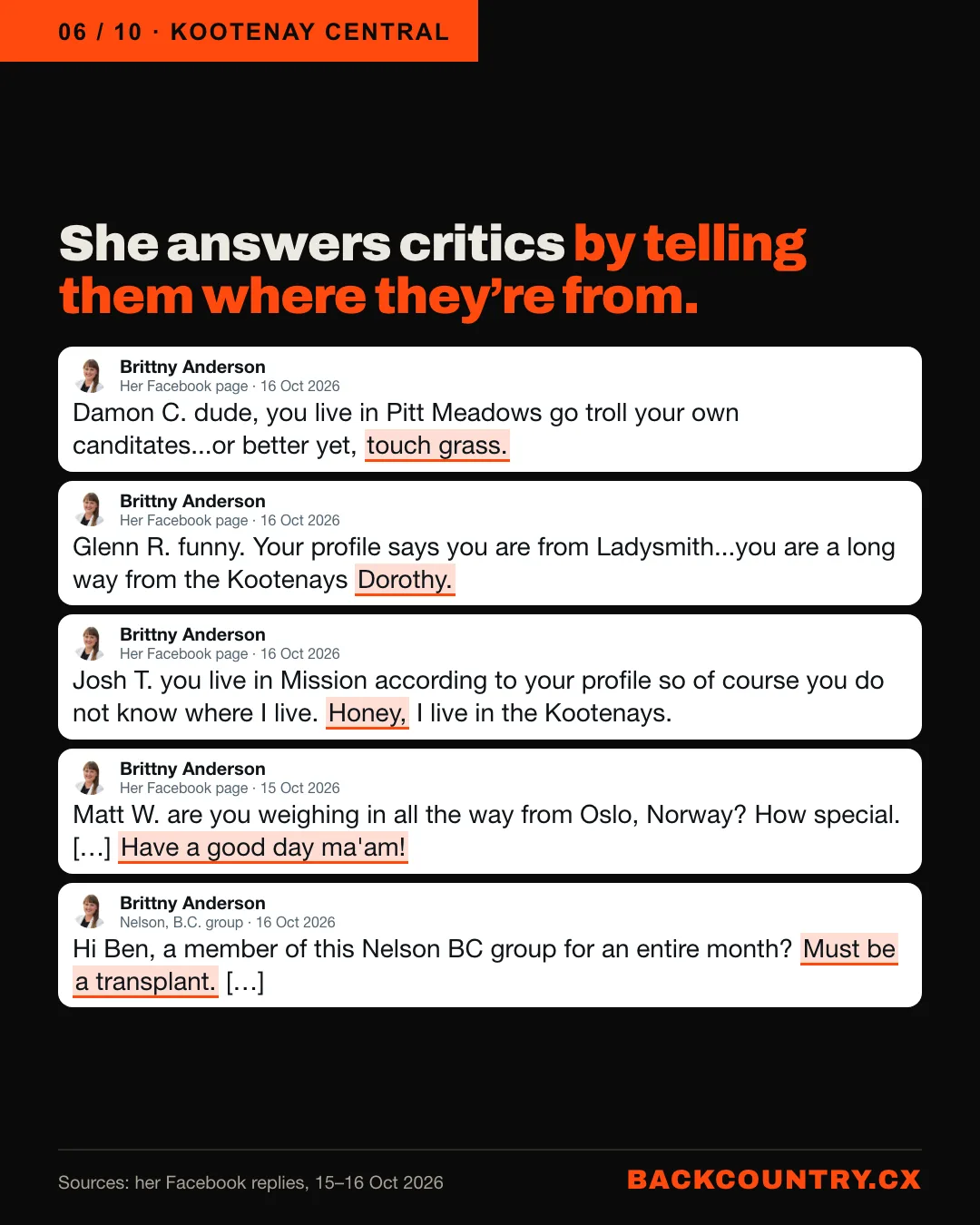 Slide 6 of 10. She answers critics by telling them where they’re from. Five of her replies: touch grass to a man from Pitt Meadows; Dorothy to a man from Ladysmith; Honey to a man from Mission; ma’am to a man she placed in Oslo; and Must be a transplant, in the Nelson group.