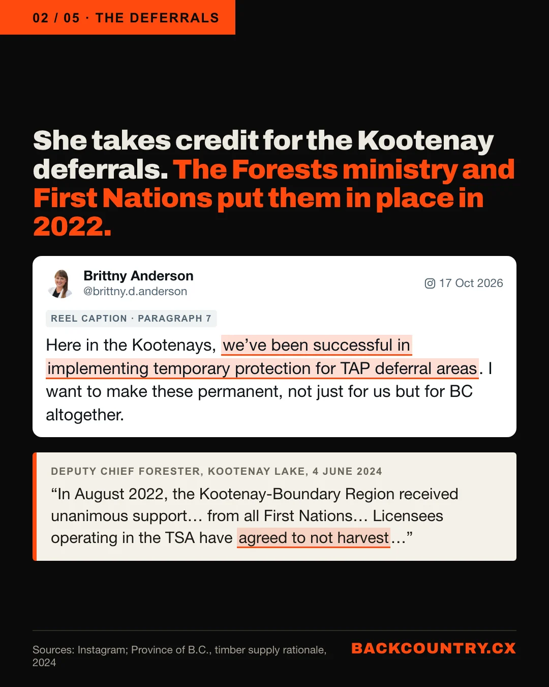 Slide 2 of 5. She takes credit for the Kootenay deferrals. The Forests ministry and First Nations put them in place in 2022. Her reel, paragraph 7: Here in the Kootenays, we've been successful in implementing temporary protection for TAP deferral areas. The Deputy Chief Forester for Kootenay Lake, 4 June 2024: In August 2022, the Kootenay-Boundary Region received unanimous support from all First Nations. Licensees operating in the TSA have agreed to not harvest.