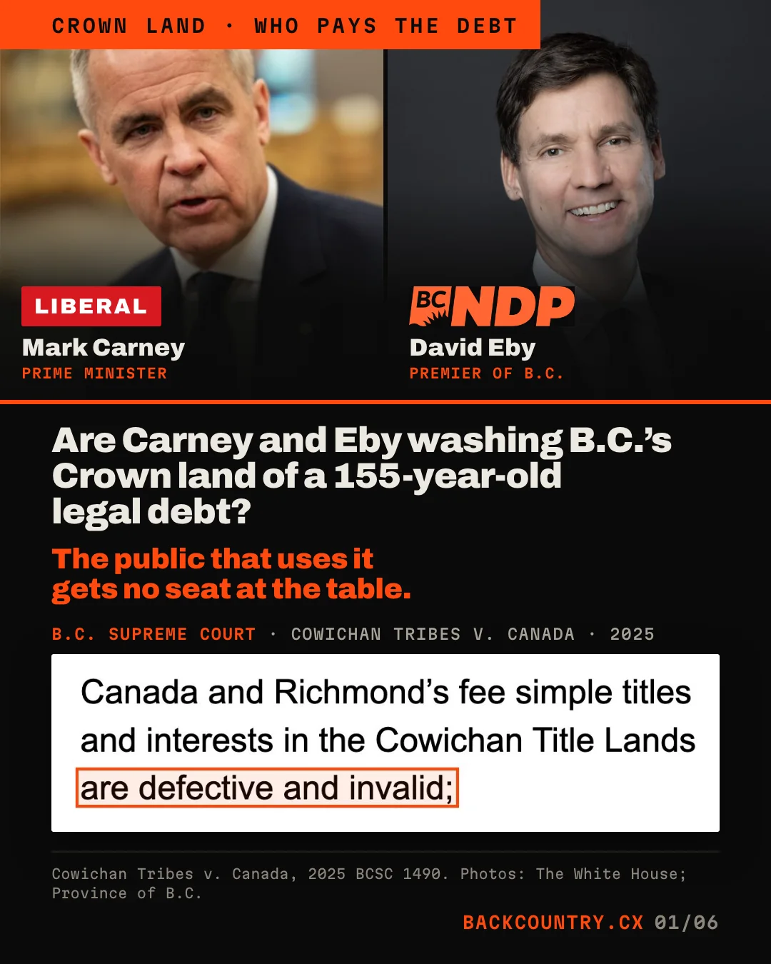 Slide 1. Portraits of Prime Minister Mark Carney, labelled Liberal, and Premier David Eby, with the BC NDP logo, above the headline: Are Carney and Eby washing B.C.'s Crown land of a 155-year-old legal debt? The public that uses it gets no seat at the table. Below, a clip from the B.C. Supreme Court's Cowichan judgment, 2025: Canada and Richmond's fee simple titles and interests in the Cowichan Title Lands, boxed, are defective and invalid.