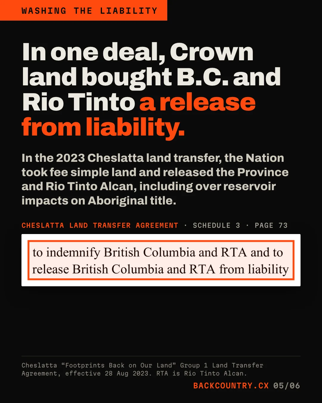 Slide 5. In one deal, Crown land bought B.C. and Rio Tinto a release from liability. In the 2023 Cheslatta land transfer, the Nation took fee simple land and released the Province and Rio Tinto Alcan. Clip of Schedule 3, boxed: to indemnify British Columbia and RTA and to release British Columbia and RTA from liability.