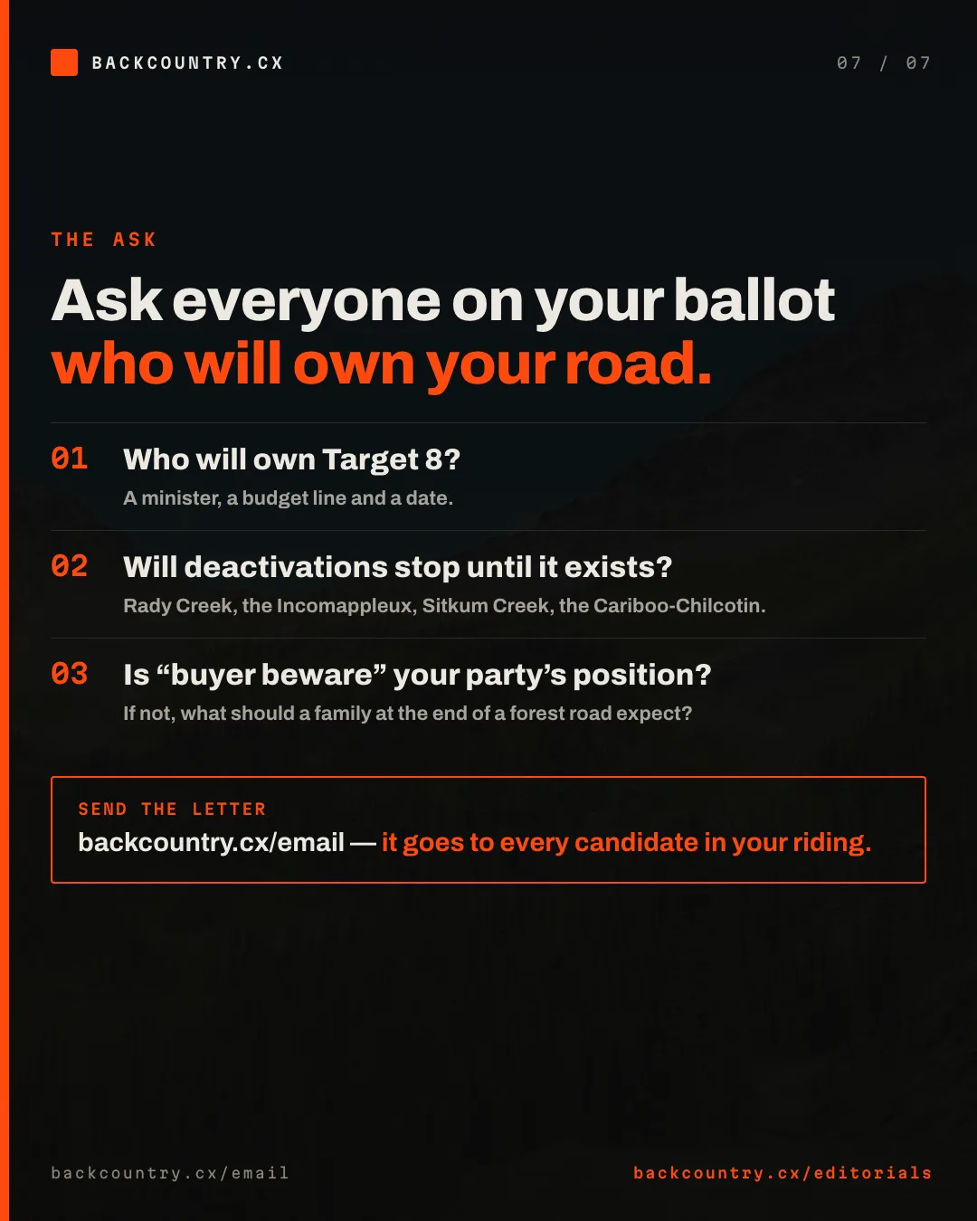 Slide 7 of 7. The ask. Ask every candidate on your ballot three questions: who will own Target 8, will deactivations of roads the public uses stop until it exists, and is buyer beware your party's position. Send the letter at backcountry.cx/email.