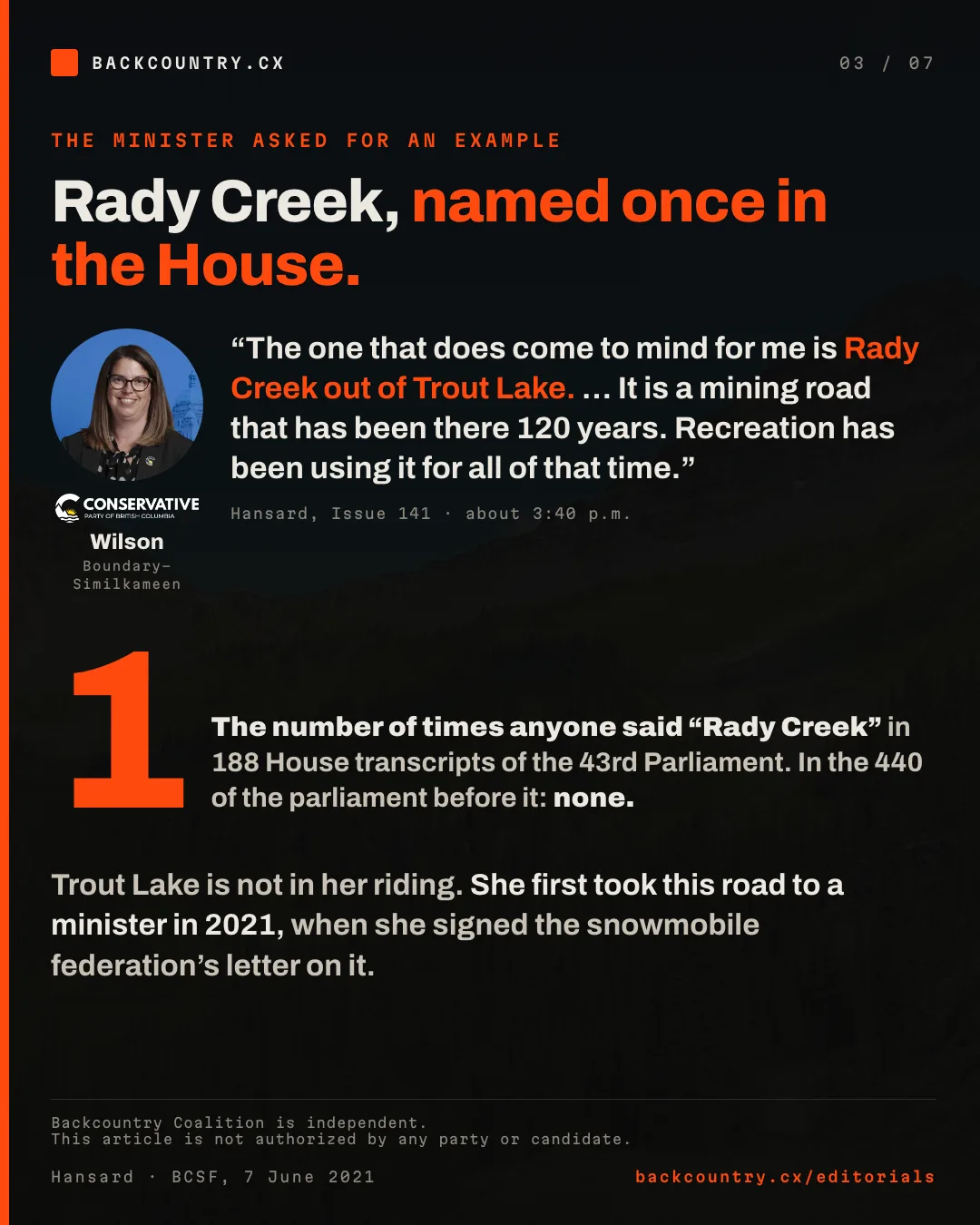 Slide 3 of 7. Rady Creek, named once in the House. Asked for an example, Wilson names Rady Creek out of Trout Lake, a mining road recreation has used for 120 years. It is the only time anyone said Rady Creek in 188 House transcripts of the 43rd Parliament, and it appears in none of the 440 of the parliament before. Trout Lake is not in her riding. She first took this road to a minister in 2021, when she signed the BC Snowmobile Federation&rsquo;s letter on it.