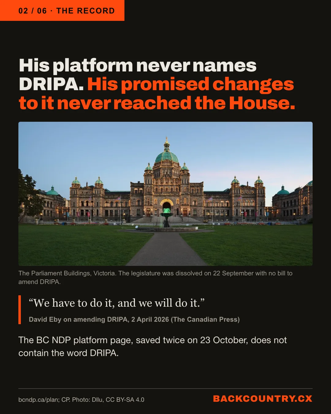 Slide 2 of 6. The Parliament Buildings in Victoria at dusk. Headline: His platform never names DRIPA. His promised changes to it never reached the House. Eby on amending DRIPA, 2 April 2026: We have to do it, and we will do it. The BC NDP platform page, saved twice on 23 October, does not contain the word DRIPA.
