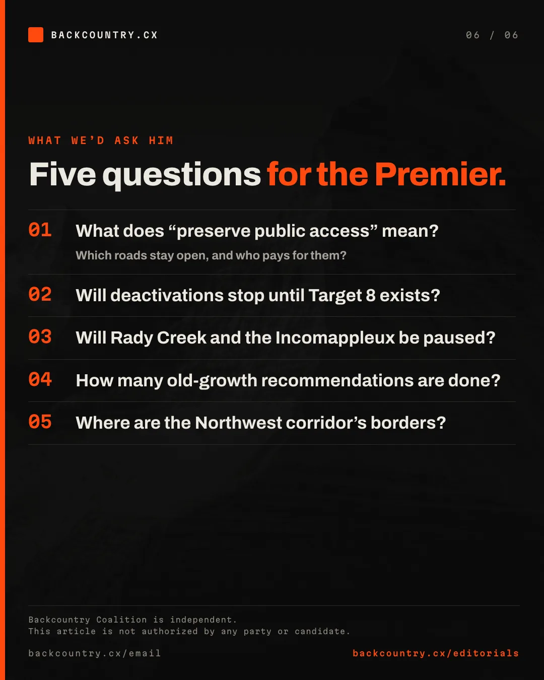 Slide 6 of 6. Five questions for the Premier, on what “preserve public access” means, Target 8, Rady Creek and the Incomappleux, old growth and the Northwest corridor. Backcountry Coalition is independent, and this is not authorized by any party or candidate.